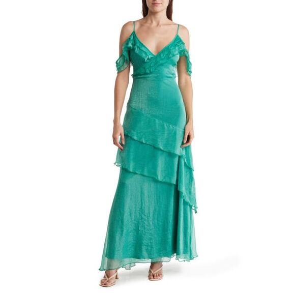 Lulu's Dresses & Skirts - Lulus Dress XS Green Maxi Radiant in Ruffles Cold Shoulder Maxi Tiered READ